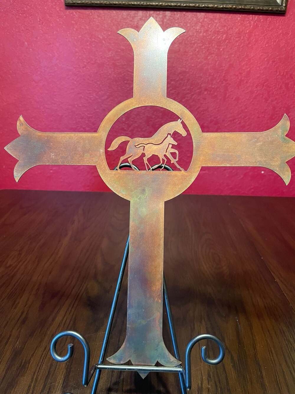 Copper Metal Cross with Horse and Foal Design, Farmhouse Western Wall Art